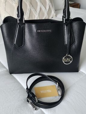 Michael Kors Black Pebbled Leather Satchel with MK Charm